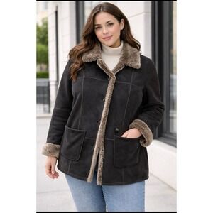 Gallery Woman Faux‎ Suede Sherpa Lined Coat Blackish/brown 1X **read**